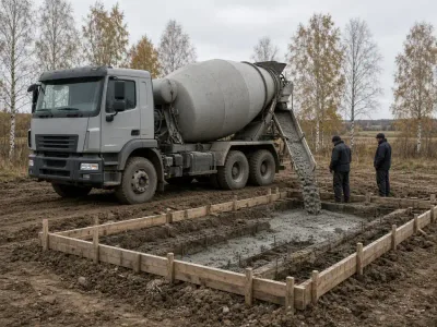 Миксер заливает бетон в опалубку фундамента в Новополоцке