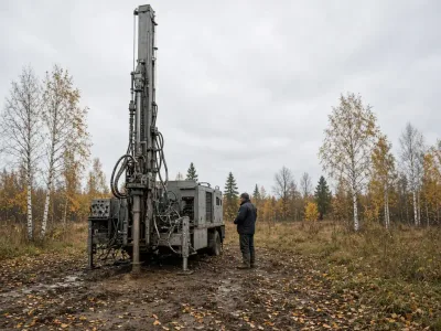 Буровая установка на участке в Новополоцке среди берёз