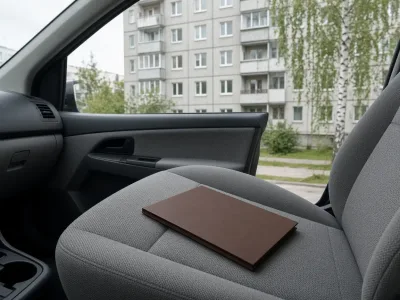 Закрытая папка на сиденье авто у панельного дома