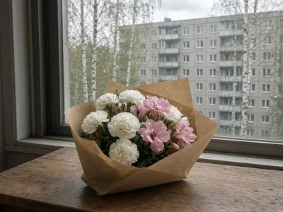Букет в крафте у окна на панельный дом в Новополоцке