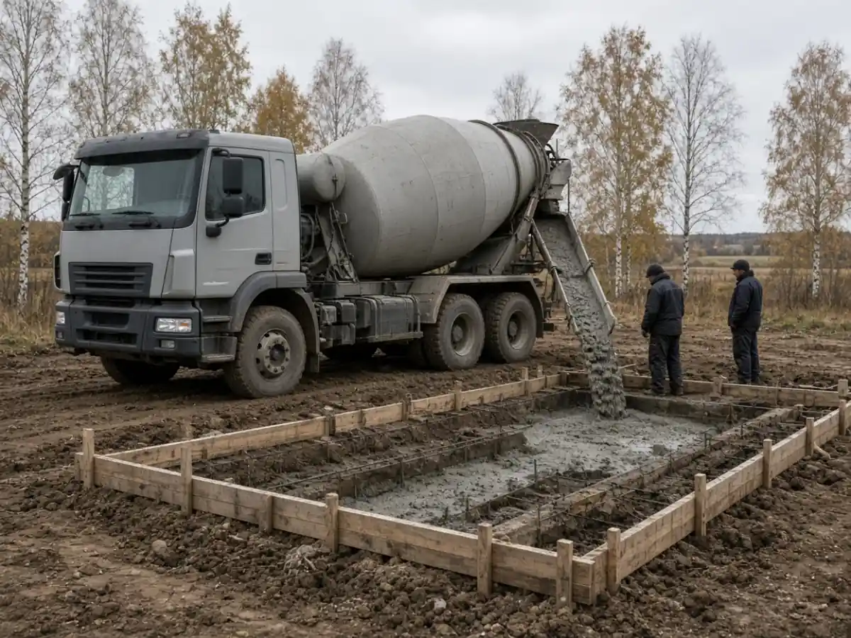 Миксер заливает бетон в опалубку фундамента в Новополоцке